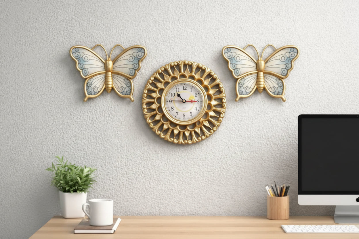 Golden Monarch 3-Piece Wall Clock & Mirror Butterfly Set