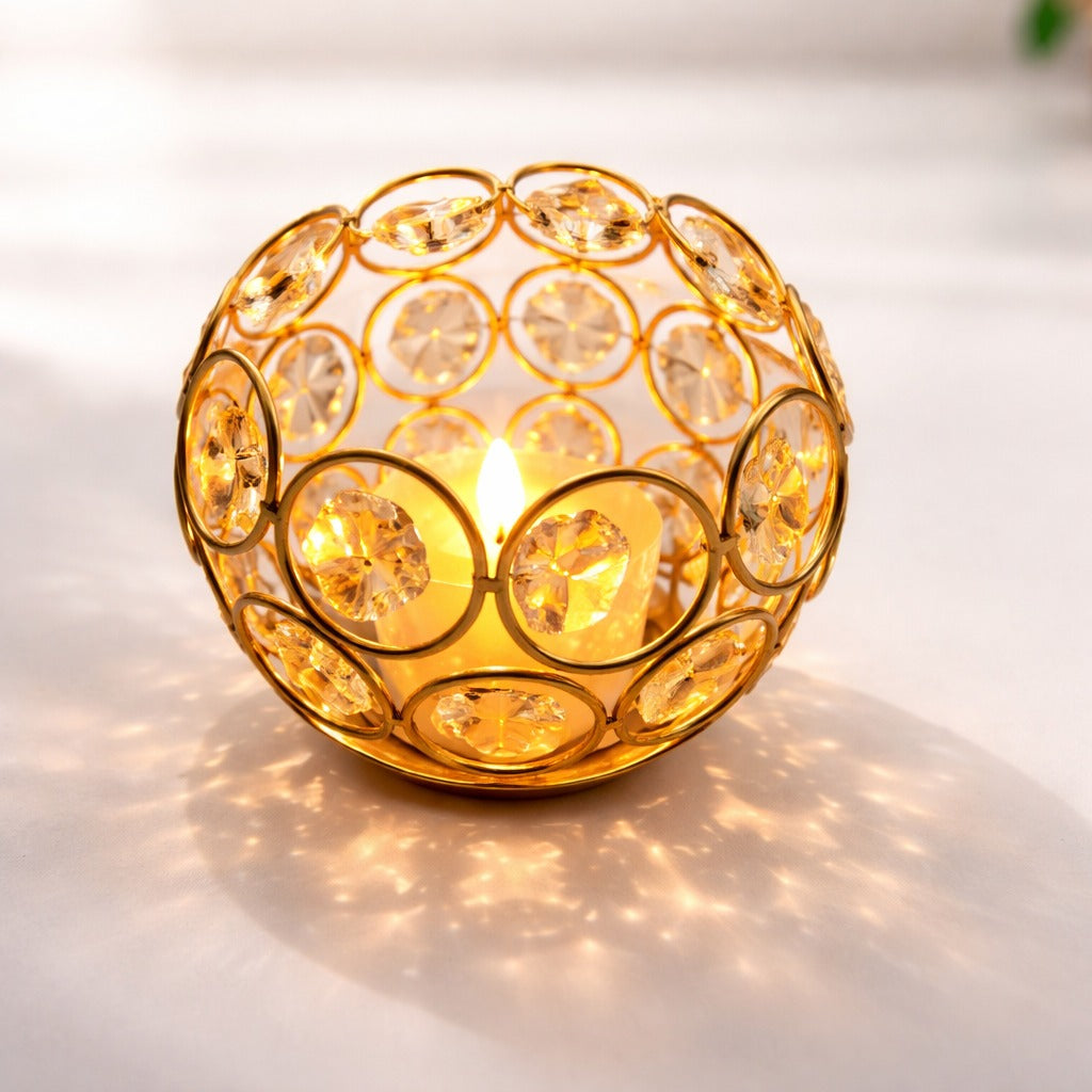 Royal Gold Crystal Globe Tealight Holder – Sparkling Decorative Centerpiece
