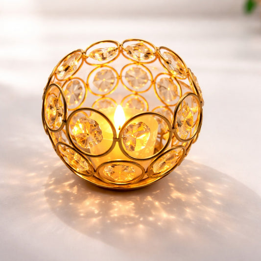 Royal Gold Crystal Globe Tealight Holder – Sparkling Decorative Centerpiece