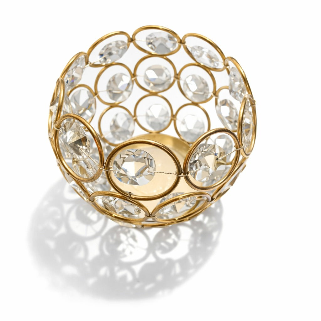 Royal Gold Crystal Globe Tealight Holder – Sparkling Decorative Centerpiece