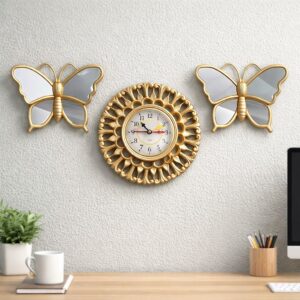 Golden Monarch 3-Piece Wall Clock & Mirror Butterfly Set