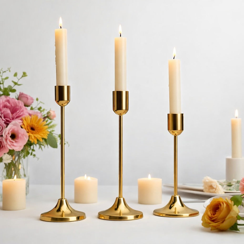 Royal Gold Minimalist Taper Candle Holder Set (Set of 3)